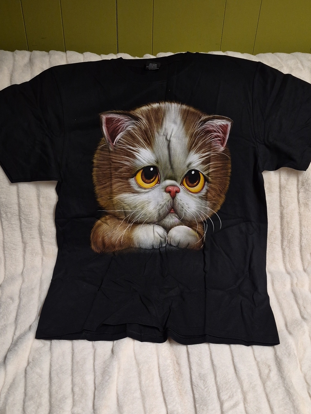 Men's Black Cat Graphic Tee with Large Brown & White Kitten Illustration